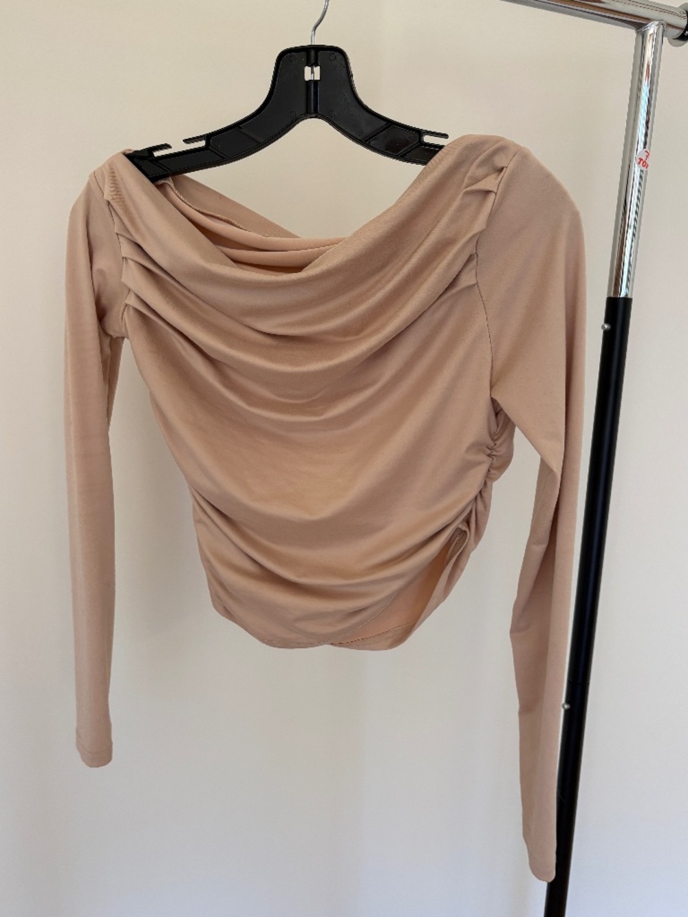 Beige Off Shoulder Cowl Neck Ruched Long Sleeve Y2K Going Out Top